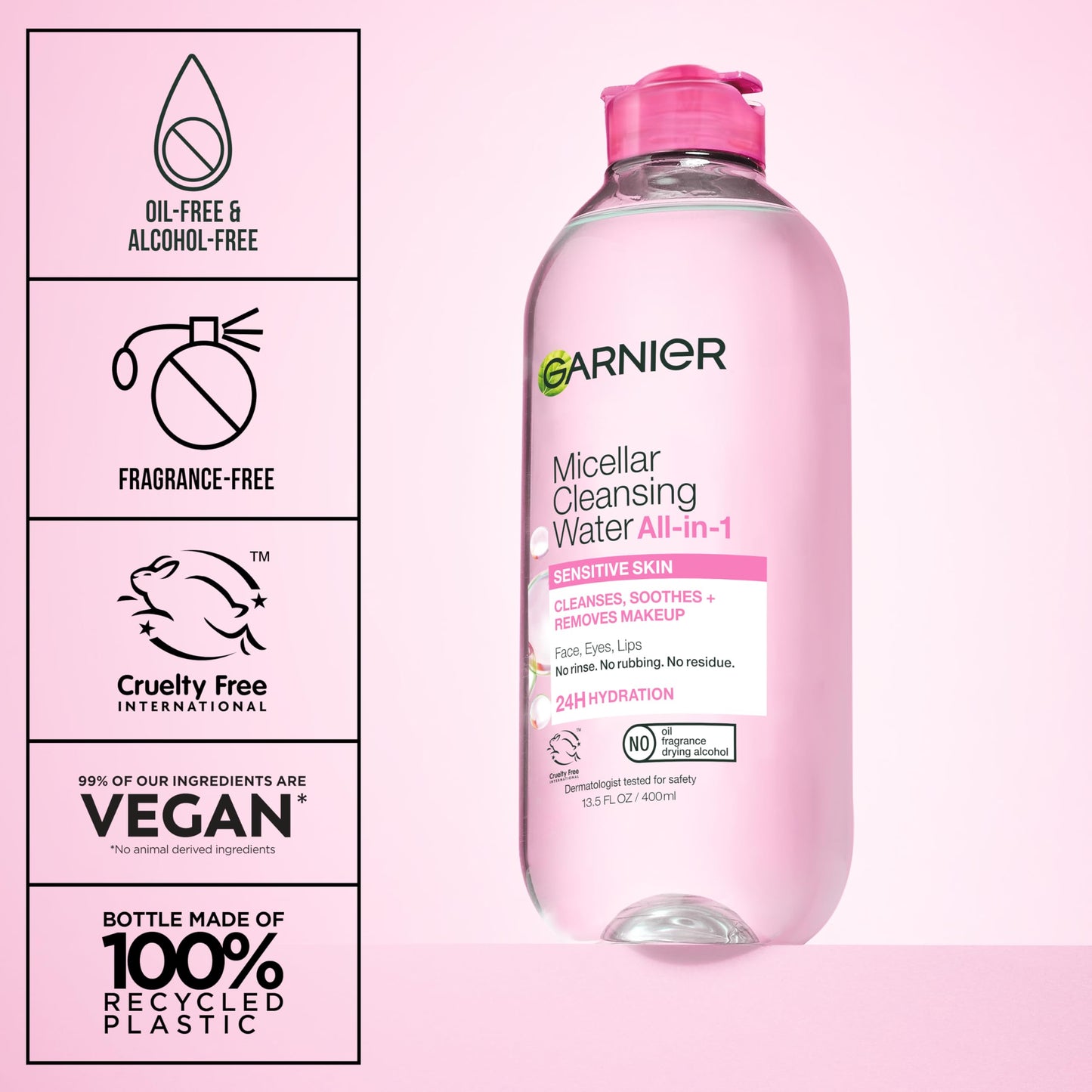 Garnier Micellar Water, Hydrating Facial Cleanser & Makeup Remover, Suitable for Sensitive Skin, Vegan, Cruelty Free, 13.5 Fl Oz (400mL), 2 Count