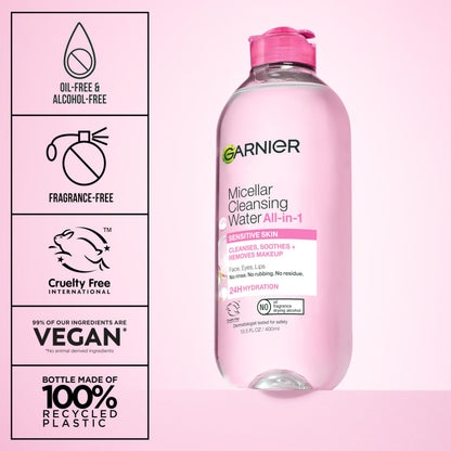 Garnier Micellar Water, Hydrating Facial Cleanser & Makeup Remover, Suitable for Sensitive Skin, Vegan, Cruelty Free, 13.5 Fl Oz (400mL), 2 Count